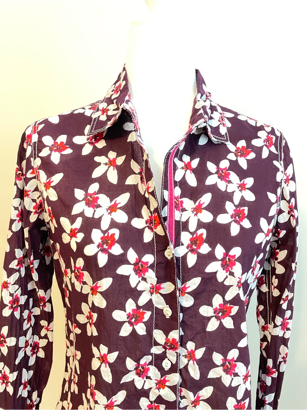 Women's Button-Down Floral Shirt - Plum with White & Red Flowers